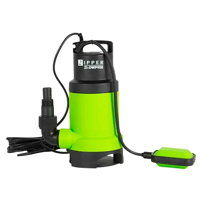 Zipper Schmutzwasserpumpe ZI-DWP900 - 0,9 kW, Max. Fördermenge: 14.000 l/h - Abgebildet ist eine Zipper ZI-DWP900 Schmutzwasserpumpe in Grün und Schwarz, ideal zum Abpumpen von Wasser bei Überschwemmungen oder Bauarbeiten.