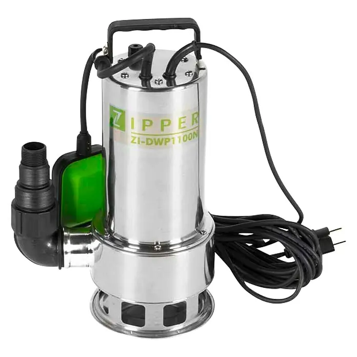 Zipper Schmutzwasserpumpe ZI-DWP1100N1,1 kW, Max. Fördermenge: 15.000 l/h - Abgebildet ist eine Zipper ZI-DWP1100N Tauchpumpe aus Edelstahl mit schwarzem Kabel und grünem Schwimmer.