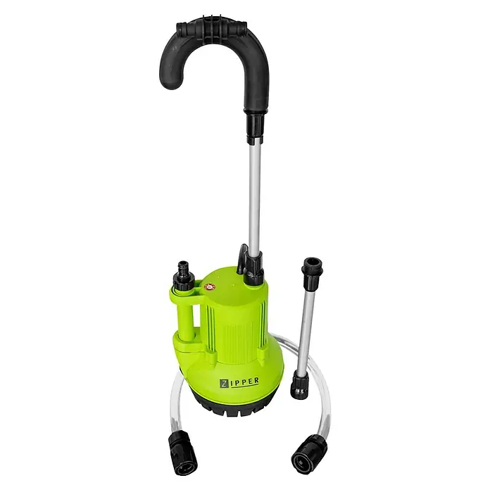 Zipper Regenfasspumpe ZI-RTP350 - Max. Fördermenge: 2.500 l/h, 350 W - Die Zipper Tauchpumpe, ein zuverlässiges Werkzeug für verschiedenste Wasserförderaufgaben, hier in grüner Ausführung abgebildet.