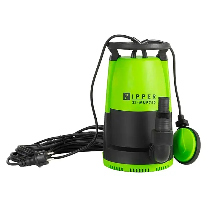 Zipper Schmutzwasserpumpe 3IN1 ZI-MUP750 - 750 W, Max. Fördermenge: 12.000 l/h - Abgebildet ist eine Zipper ZI-MUP750 Schmutzwasserpumpe in Grün und Schwarz, ideal für den Einsatz in verschiedenen Abwassersituationen.