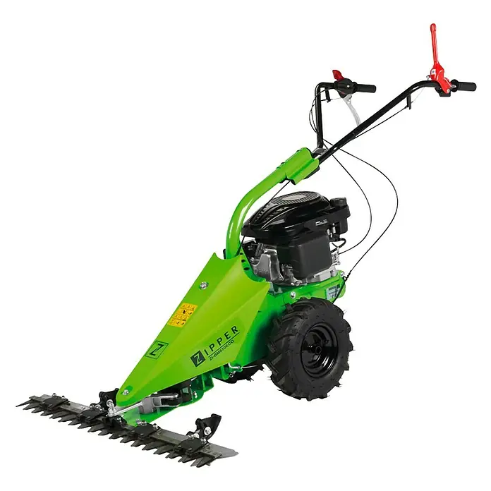 Zipper Frontbalkenmäher ZI-BM870ECO - 2.700 W, Schnittbreite: 87 cm - Das Bild zeigt einen grünen ZI-BM870ECO Balkenmäher mit schwarzen Reifen, Griffen und einem Motor.