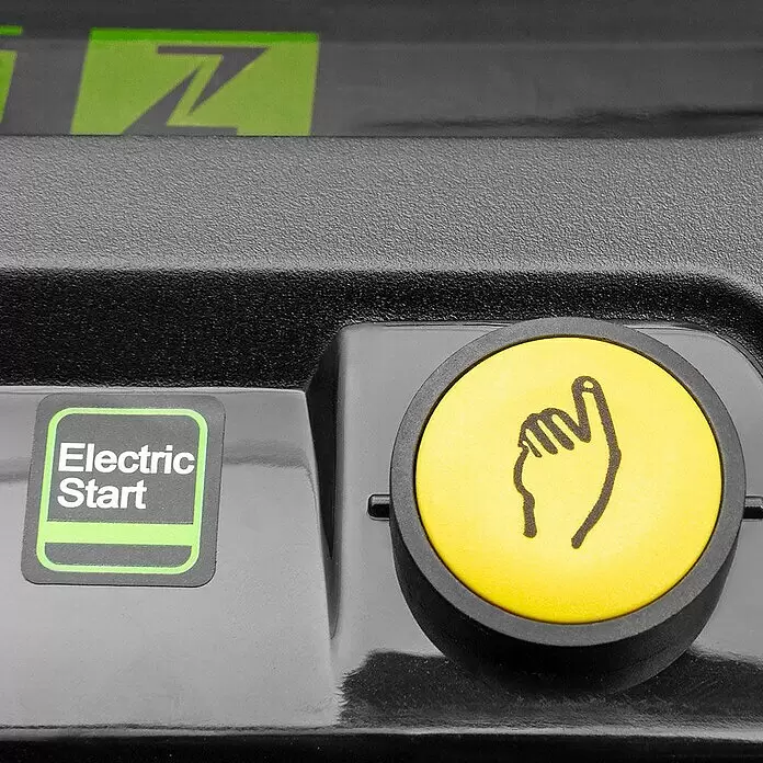 Zipper Benzin-Rasenmäher ZI-BRM52EST - 173 cm³, Schnittbreite: 52 cm - Gelber Elektrostarter-Knopf mit Hand-Symbol und 'Electric Start'-Beschriftung auf schwarzem Bedienfeld.