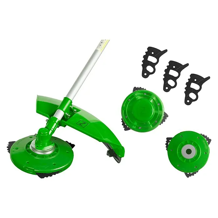 Zipper Akku-Motorsense ZI-BR3Passend für: Alle gängigen Motorsensen - Abbildung eines Akku-Rasentrimmers mit Ersatzklingen und Spulen, ideal für die Gartenpflege.