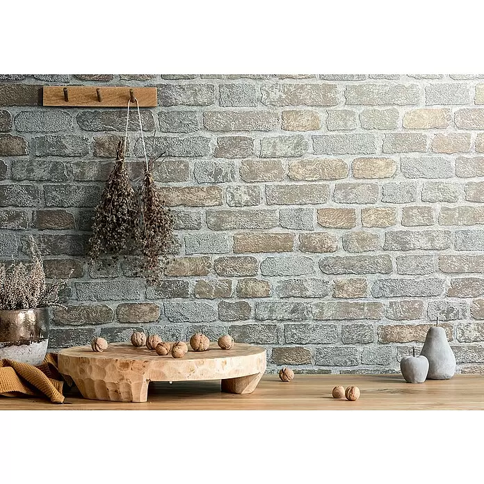 Marburg Sand & Stones Vliestapete Steinmauer II - Graubeige, Steinoptik, 10,05 x 0,53 m - Rustikale Backstein-Tapete in verschiedenen Grau-, Braun- und Beigetönen, die eine distressed Wandoptik schafft.