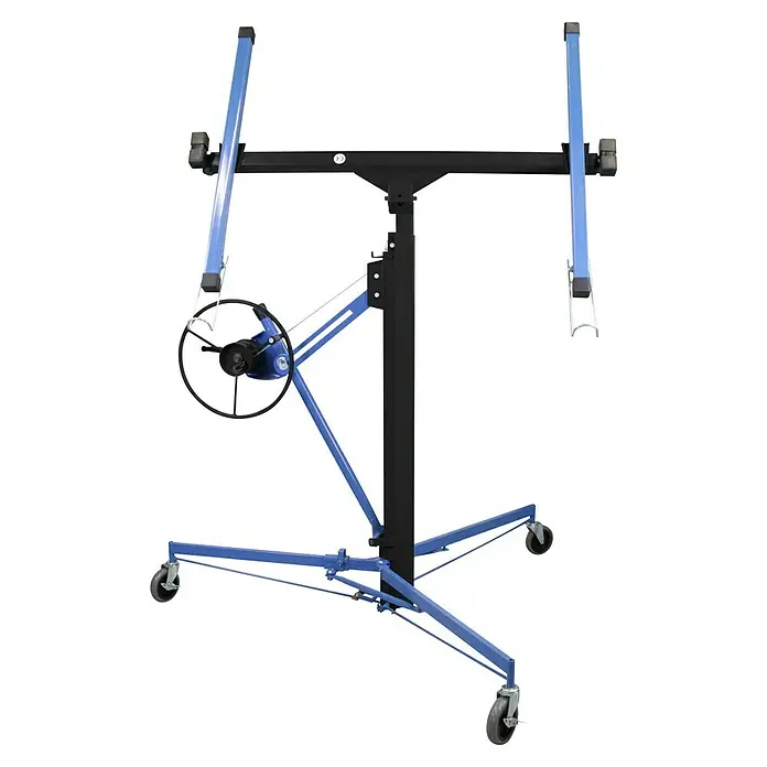 Güde Plattenlift GTL 335 - 68 kg, Höhenverstellung: 140 cm - 335 cm - Eine Trockenbau-Montagehilfe in Blau und Schwarz mit einem Rad zum Heben von Gipskartonplatten für den Innenausbau.