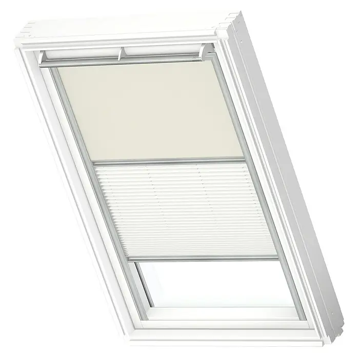 Velux Dachfenster-Kombirollo Plus DFD S06 1085SFarbe: Beige/Weiß - 1085S, Farbe Schiene: Aluminium - Dachfenster mit Doppelrollosystem für optimalen Lichteinfall und Sichtschutz. Eine Kombination aus Verdunkelungsrollo und Plissee.