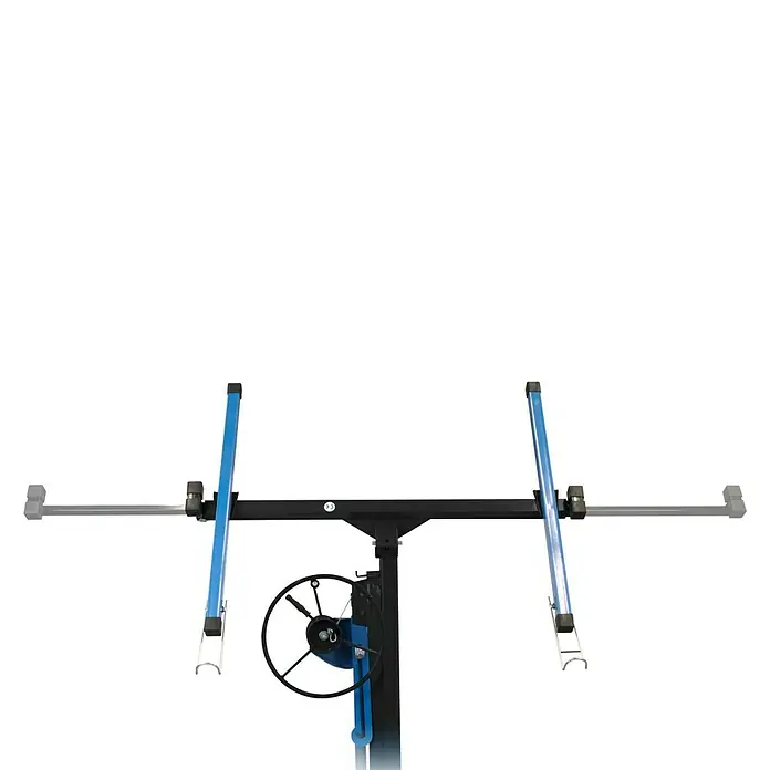 Güde Plattenlift GTL 335 - 68 kg, Höhenverstellung: 140 cm - 335 cm - Bild einer blauen Gipskartonplatten Hebebühne mit einer schwarzen Kurbel und zwei blauen Stützen. Es ist ein Werkzeug zum Anheben von schweren Platten.