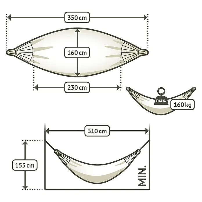 La Siesta Hängematte Modesta - L x B: 350 x 160 cm, Olive, Double - Technische Zeichnung einer Hängematte mit Maßangaben und maximaler Belastbarkeit von 160 kg.