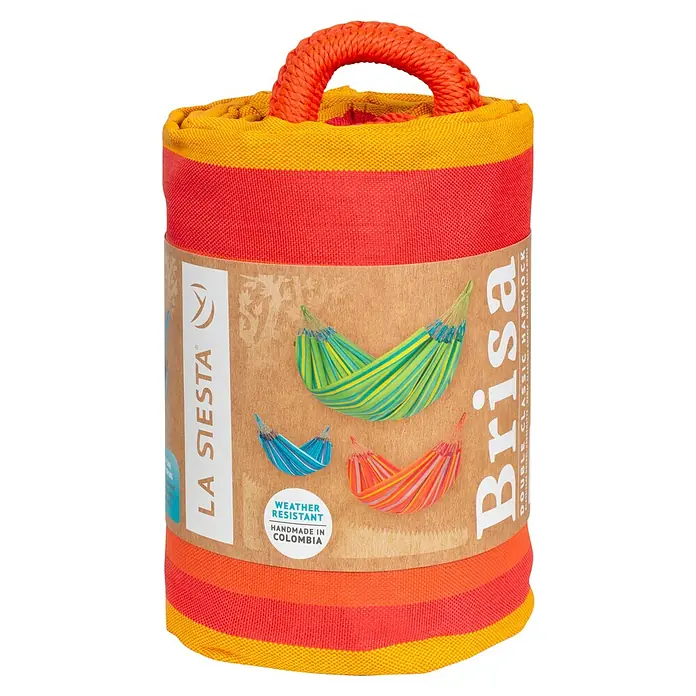 La Siesta Hängematte Brisa - L x B: 350 x 160 cm, Toucan - Aufgerollte La Siesta Brisa Doppelhängematte in leuchtenden Farben mit Tragegriff. Ideal für entspannte Stunden im Freien.