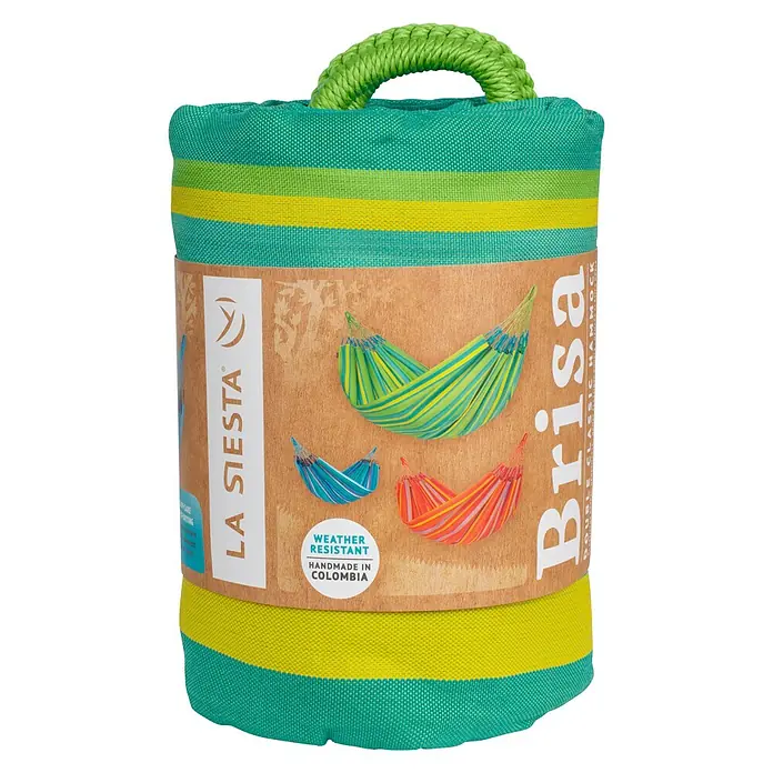 La Siesta Hängematte Brisa - L x B: 350 x 160 cm, Lime - Eine aufgerollte La Siesta Brisa Doppel-Hängematte in grünen und gelben Streifen, verpackt in einer braunen Kartonhülle, mit Tragegriff.