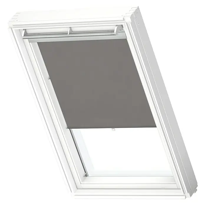 Velux Dachfensterrollo Haltekrallen RHL MK00 4161 - Farbe: Grau - 4161, Farbe Schiene: Aluminium, Manuell - Das Bild zeigt ein Dachfenster mit einem grauen Rollo, das teilweise heruntergelassen ist und für Privatsphäre und Verdunkelung sorgt.