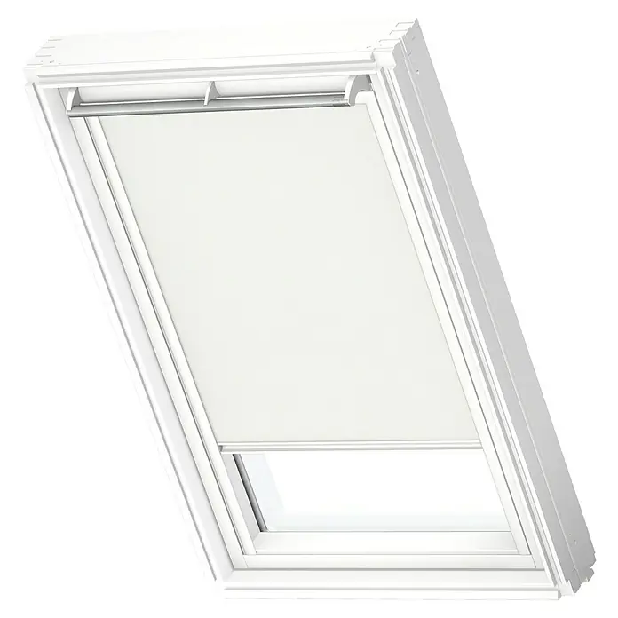 Velux Dachfensterrollo RFL PK08 1028SWL - Farbe: Weiß - 1028SWL, Farbe Schiene: Weiß, Manuell - Dachfenster mit weißem Rollo. Das Rollo ist teilweise heruntergelassen und lässt noch etwas Licht in den Raum.