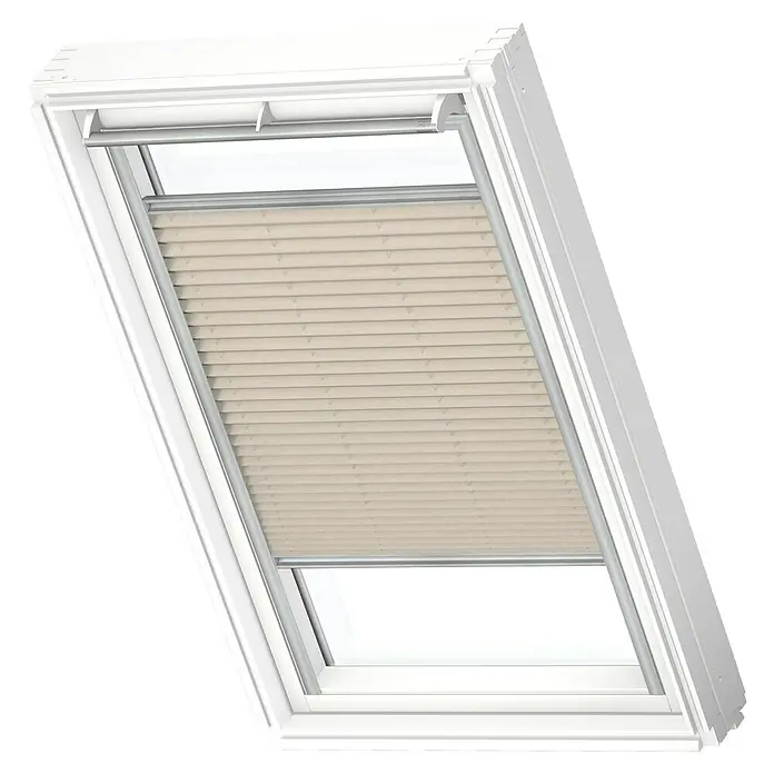 Velux Dachfensterplissee FHL P10 1259S - Farbe: Hellbeige - 1259S, Farbe Schiene: Aluminium, Manuell - Dachfenster mit beigem Plissee-Rollo, das das Licht sanft filtert und für Privatsphäre sorgt. Ideal für ein gemütliches Ambiente im Dachgeschoss.