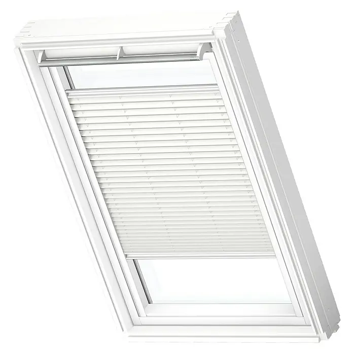 Velux Dachfensterplissee FHL UK04 1016SWL - Farbe: Weiß - 1016SWL, Farbe Schiene: Weiß, Manuell - Dachfenster mit Jalousien für optimalen Lichtschutz und Privatsphäre. Die weißen Jalousien passen perfekt zum Rahmen und sorgen für ein modernes Design.