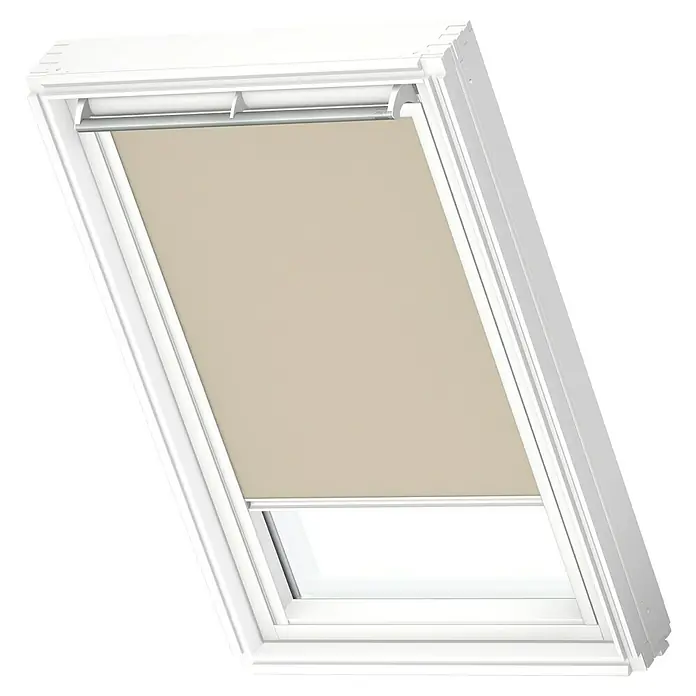 Velux Dachfensterrollo DKL UK10 4556SWL - Farbe: Sandbeige - 4556SWL, Farbe Schiene: Weiß, Manuell - Dachfenster mit Rollo. Das Rollo ist hellbraun und das Fenster ist weiß. Es ist ein schönes Detail für jeden Raum, der natürliches Licht benötigt.