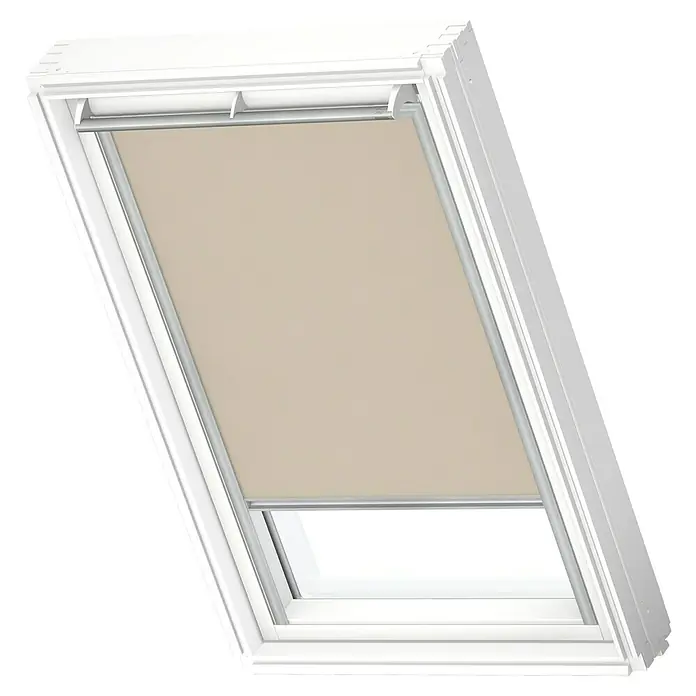Velux Dachfensterrollo RFL MK06 4155S - Farbe: Sandbeige - 4155S, Farbe Schiene: Aluminium, Manuell - Dachfenster mit beigem Rollo im weißen Rahmen. Ideal für die Verdunkelung und als dekoratives Element.
