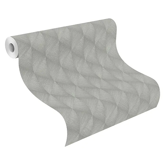 Rasch Tropical House VliestapeteSilbergrau, Grafisch, 10,05 x 0,53 m - Eine Rolle grauer Tapete mit einem geometrischen Dreiecksmuster, das ein elegantes und modernes Design für die Wandgestaltung bietet.