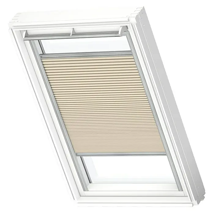 Velux Dachfensterplissee FHC SK08 1155S - Farbe: Beige - 1155S, Farbe Schiene: Aluminium, Manuell - Dachfenster mit beigen Plissees, die das einfallende Licht sanft filtern und eine angenehme Atmosphäre im Raum schaffen.
