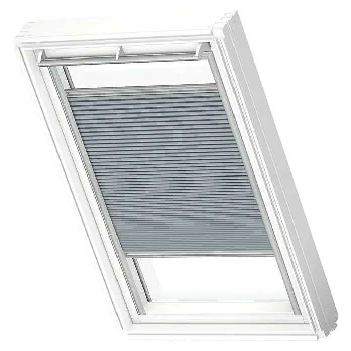 Velux Dachfensterplissee FHC SK08 1163S - Farbe: Betongrau - 1163S, Farbe Schiene: Aluminium, Manuell - Dachfenster mit grauem Plissee-Rollo für optimale Lichtregulierung. Die perfekte Lösung für mehr Komfort und Privatsphäre im Dachgeschoss.