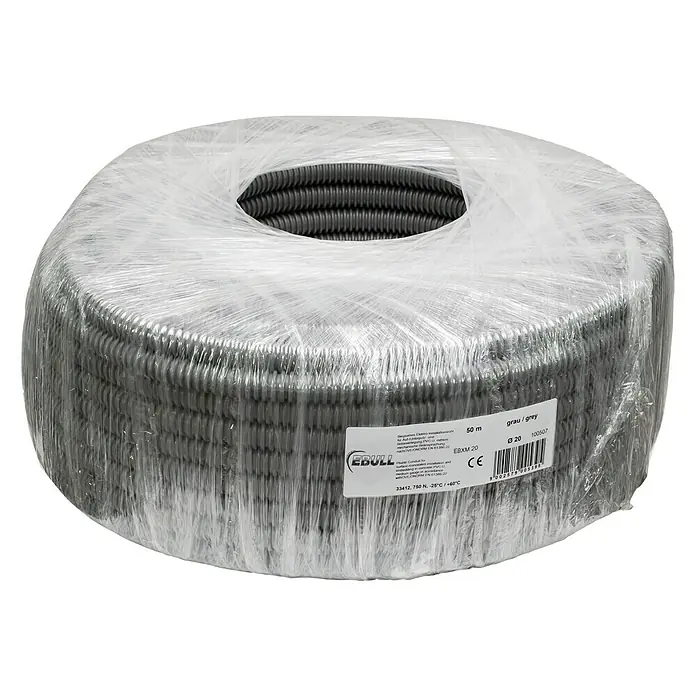 Flexrohr EBXM - Beton, 25 m, Kunststoff, 750 N, Grau - Eine Rolle EBULL EBXM 20 Kabelschutzrohr, grau, 50 m lang und Ø 20. Verpackt in Folie, ideal für Elektroinstallationen.