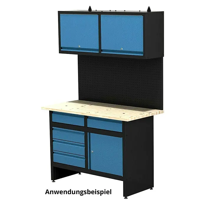 Güde Lochwand GL 1200 - L x B x H: 121 x 2 x 55 cm, Stahl - Werkbank mit Schubladen und Schränken in Schwarz und Blau, Arbeitsplatte aus hellem Holz. Praktische Werkstatteinrichtung für Heimwerker.