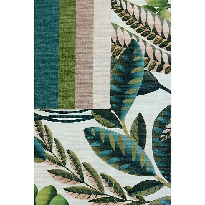 Rasch Florentine III Vliestapete - Rotbeige, Uni, 10,05 x 0,53 m - Nahaufnahme von Stoffmustern mit Streifen und Blattmotiven in Grün-, Blau- und Naturtönen für Wohnaccessoires.