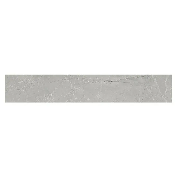 Sockelfliese Bayona Silver - 10 x 60 cm, Grau, Glänzend - Graue Marmorfliese mit feinen weißen Adern und dunklen Rissen, ideal für moderne Innenräume. Elegantes Design für stilvolle Gestaltung.