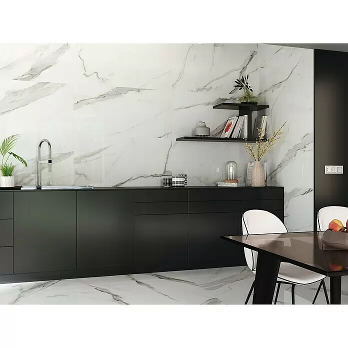 Feinsteinzeugfliese Torino Bianco - 60 x 120 cm, Weiß/Grau, Glänzend - Stimmungsaufnahme
