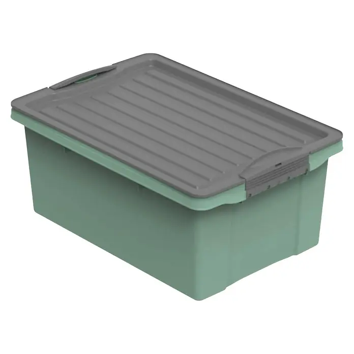 Rotho Aufbewahrungsbox Compact - L x B x H: 39,5 x 27,5 x 18 cm, Kunststoff, Mistletoe Grün - Das Bild zeigt eine grüne Aufbewahrungsbox mit einem grauen Deckel, die sich ideal für die Organisation von Gegenständen eignet.