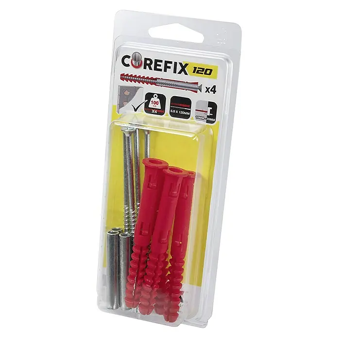 Corefix Trockenbau-Set 120Länge Schraube: 120 mm - Eine Packung Corefix 120-Befestigungen mit vier Dübeln und Schrauben für sichere Wandbefestigungen.