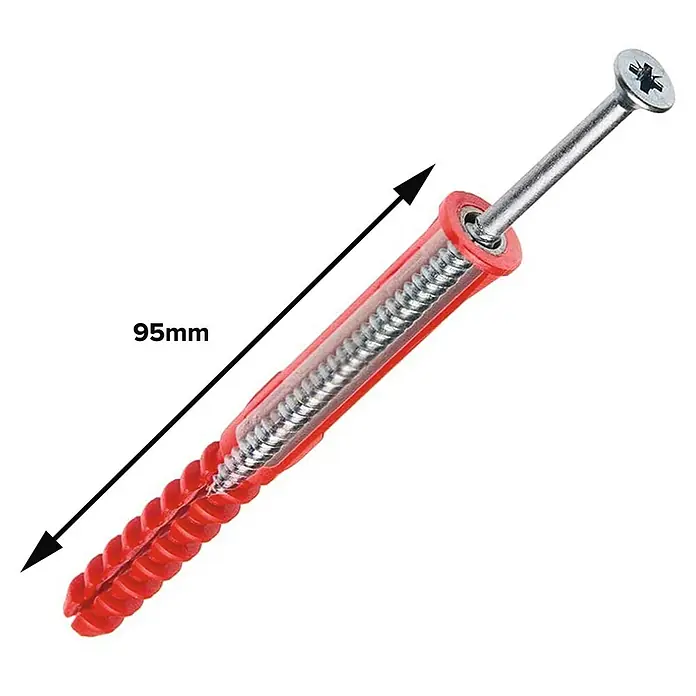 Corefix Trockenbau-Set 100 - Länge Schraube: 100 mm - Ein roter Universaldübel mit einer Schraube, die durch ihn hindurchgesteckt ist. Der Dübel ist 95mm lang.