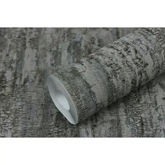 Rasch Composition Vliestapete Birke - Anthrazit, Floral, 10,05 x 0,53 m - Graue, strukturierte Tapetenrolle, teilweise abgerollt, um ihr modernes, abstraktes Muster zu zeigen.