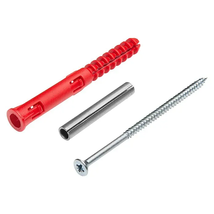 Corefix Trockenbau-Set 100 - Länge Schraube: 100 mm - Nahaufnahme von einem roten Dübel, einer Metallhülse und einer Schraube auf schwarzem Hintergrund.