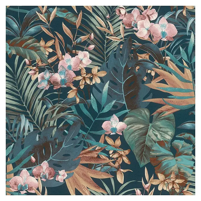 Rasch Salsa Vliestapete Blätter I - Nachtblau, Floral, 10,05 x 0,53 m - Tropische Tapete mit üppigen Blättern, Orchideen und warmen Erdtönen für einen exotischen Look.