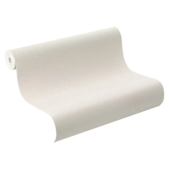 Rasch Salsa Vliestapete Textilstruktur - Hellgrau, Uni, 10,05 x 0,53 m - Nahaufnahme einer Rolle cremefarbener Tapete mit dezenter Textur, ideal für ein elegantes Raumambiente.