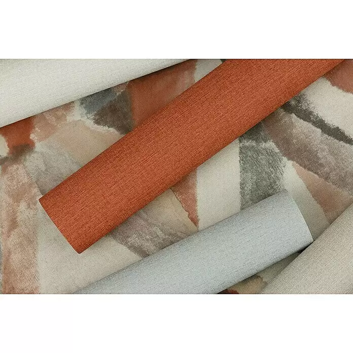 Rasch Salsa Vliestapete - Grau, Uni, 10,05 x 0,53 m - Auswahl an Stoffmustern: strukturierter Orangerotton, abstrakt gemustert, hellbeige und hellgraue Textilien.