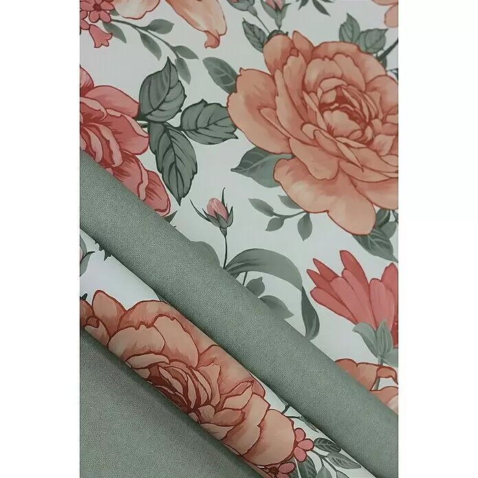 Rasch Bambino XIX Vliestapete - Salbei, Uni, 10,05 x 0,53 m - Zwei Materialrollen: eine mit Blumenmuster aus pfirsichfarbenen Rosen und grünen Blättern auf Weiß, die andere einfarbig texturiertes Grüngrau.