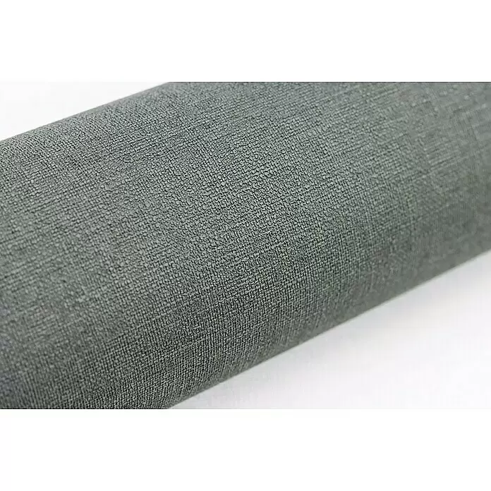 Rasch Salsa Vliestapete Textilstruktur - Dunkelgrau, Uni, 10,05 x 0,53 m - Nahaufnahme einer Rolle dunkelgrünen, noppig texturierten Stoffes.