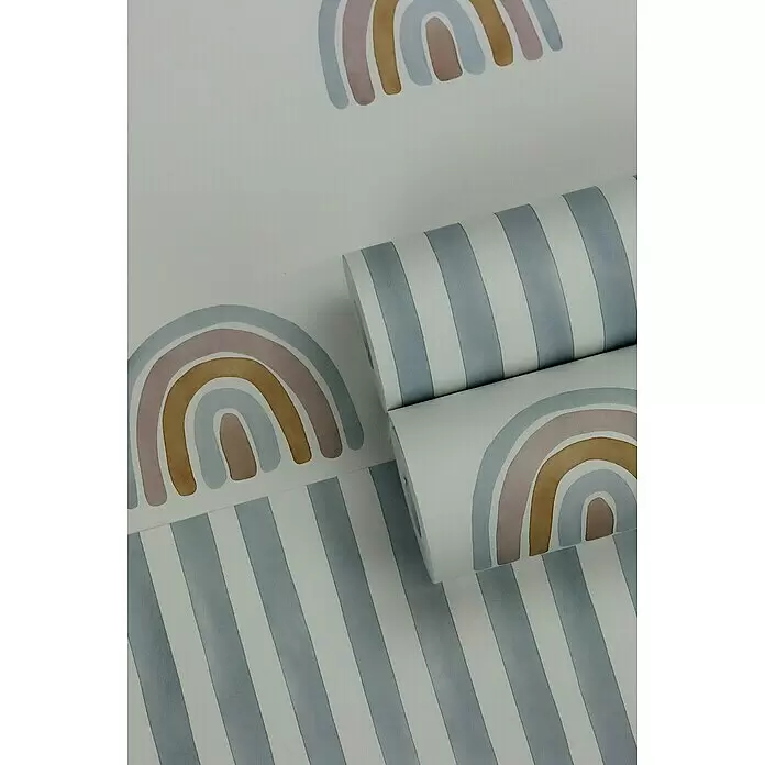 Rasch Bambino XIX Vliestapete - Blau, Streifen, 10,05 x 0,53 m - Tapete mit Aquarell-Regenbogen und blau-weißen Streifen, zwei Rollen.