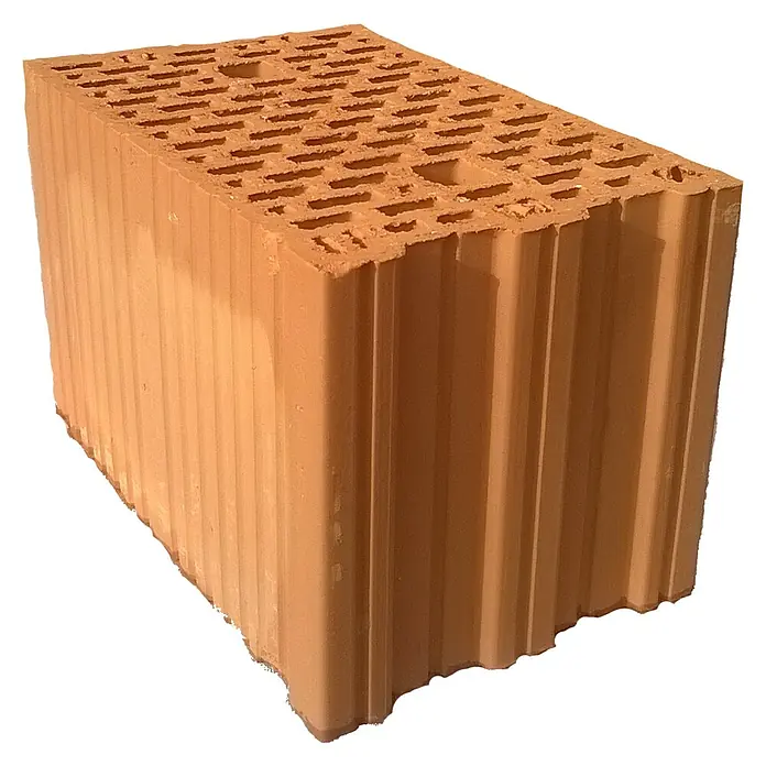 Porotonstein 12DF - 24 x 37,2 x 23,8 cm - Ein Porotherm Ziegel mit vielen Löchern auf der Oberseite und Rillen an den Seiten, perfekt für den Mauerbau.