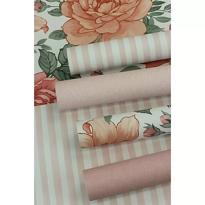 Rasch Bambino XIX Vliestapete - Rosa, Streifen, 10,05 x 0,53 m - Auswahl an Tapetenrollen: Blumenmuster, rosa Streifen, zartes rosa Blattmuster und strukturiertes Rosa, auf großem Blumenhintergrund.