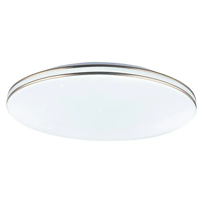 Globo Deckenleuchte rund PIERRE - 48 W, Ø x H: 530 mm x 8 cm - Diese Aufnahme zeigt eine moderne Deckenleuchte mit einem schlichten, runden Design und einer weißen Oberfläche mit goldenen Akzenten.