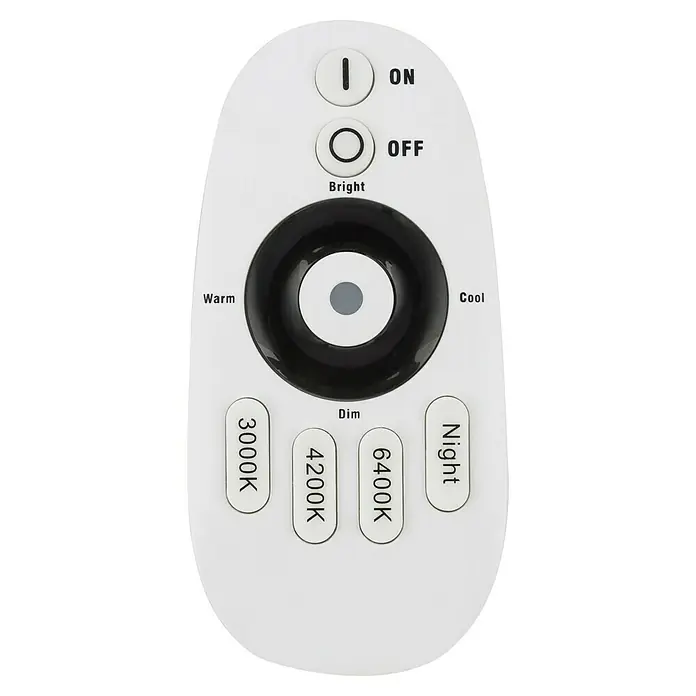 Globo Deckenleuchte rund PIERRE - 48 W, Ø x H: 530 mm x 8 cm - Nahaufnahme einer LED-Fernbedienung mit Tasten für Ein/Aus, Helligkeit und Farbtemperatur. Das Gerät ist weiss und gut lesbar.