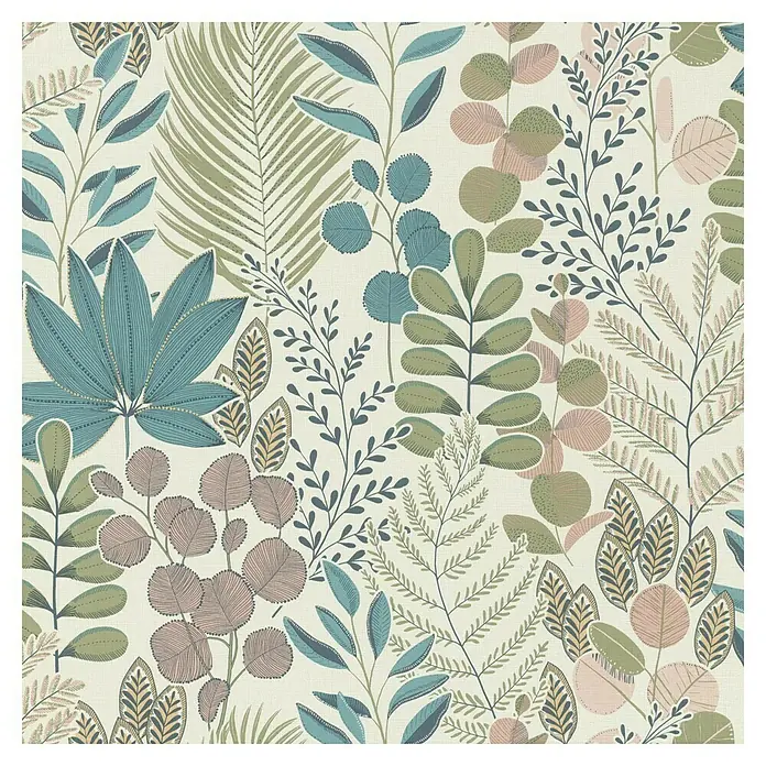 Rasch Salsa Vliestapete Blätter - Creme-Grün, Floral, 10,05 x 0,53 m - Dekoratives florales Tapetenmuster mit tropischen Blättern in Blau-, Grün- und Rosatönen auf einem cremefarbenen Hintergrund.