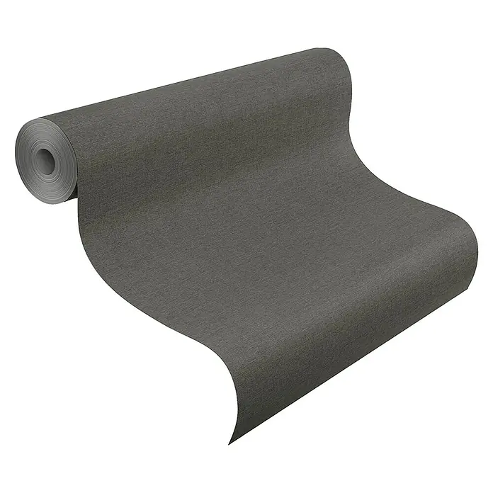 Rasch Salsa Vliestapete Textilstruktur - Anthrazit, Uni, 10,05 x 0,53 m - Nahaufnahme einer Rolle eleganter, anthrazitfarbener Wandtapete mit feiner Textur, die ein stilvolles Ambiente verspricht.