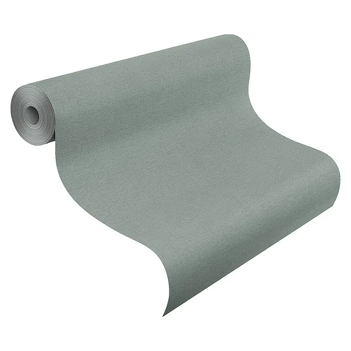 Rasch Salsa Vliestapete Textilstruktur - Petrolgrau, Uni, 10,05 x 0,53 m - Nahaufnahme einer Rolle grauer Tapete mit feiner Textur, ideal für moderne Innenräume und Wanddekoration.