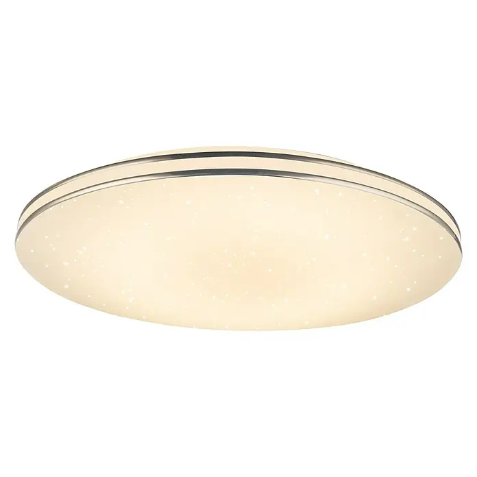Globo Plafón redondo Pierre - 48 W, Ø x Al: 530 mm x 8 cm, Blanco - Primer plano de una lámpara de techo redonda y moderna con un patrón de estrellas, que emite un brillo cálido y difuso.
