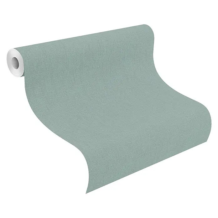 Rasch Florentine III Vliestapete - Blaugrau, Uni, 10,05 x 0,53 m - Abbildung einer Rolle mintgrüner Leinentapete, perfekt für ein stilvolles Interieur. Die Tapete hat eine textile Struktur und ist auf einer Rolle aufgewickelt.