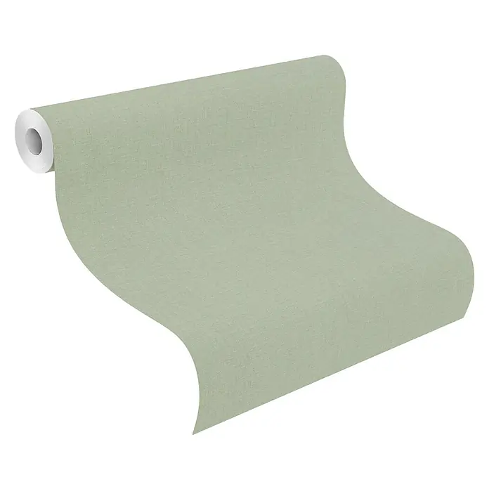 Rasch Florentine III Vliestapete - Salbei, Uni, 10,05 x 0,53 m - Bild einer Rolle grüner Tapete, die das Textildesign und die Qualität dieses Dekorationsartikels hervorhebt.