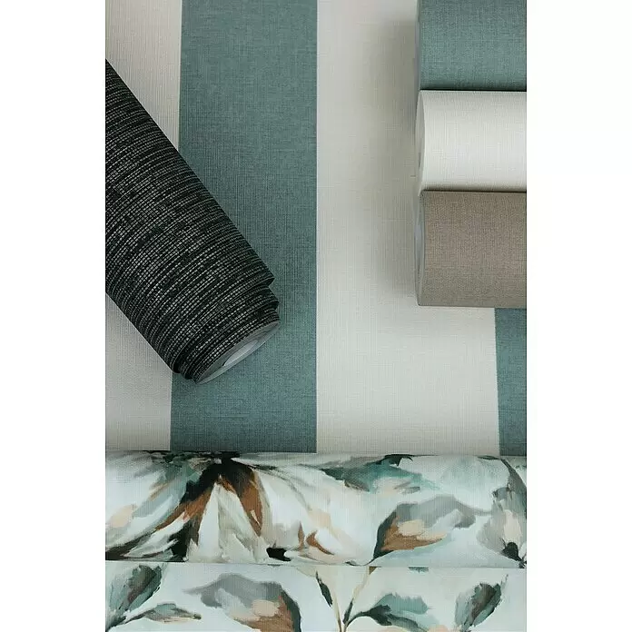 Rasch Florentine III Vliestapete Blumen - Weiß, Floral, 10,05 x 0,53 m - Tapetenmuster: gestreiftes Türkis & Weiß, dunkle Texturrolle, unifarbene Rollen (Türkis, Weiß, Beige), abstrakte Blumenrolle.